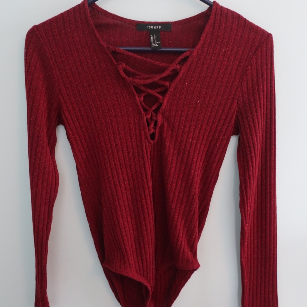 Forever 21 red criss cross LS body suit